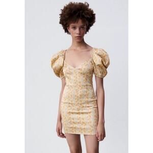 ZARA | Hammered Satin Pastel Floral Mini Dress with Puff Sleeves | Size Small